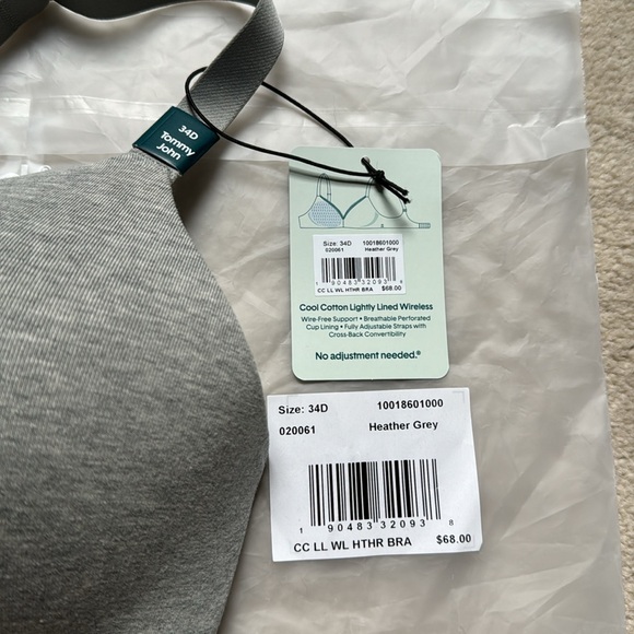 Tommy John Heather Grey Cool Cotton Lightly Lined Wireless Bra Size 34D - Picture 3 of 6